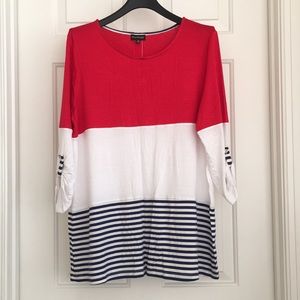 Multiples Women’s Top PL Petite Red White Blue Stripes Wooden Buttons Soft New